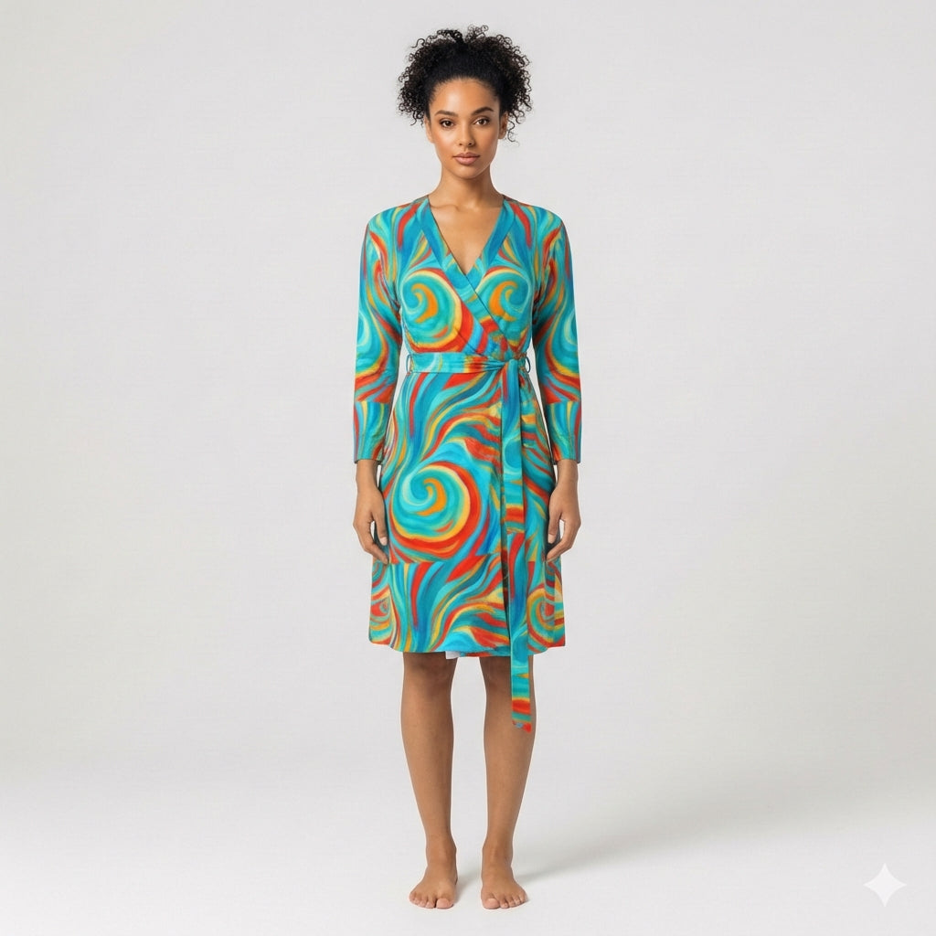 Wrap Dress Cyan Swirls – Traditional Jersey Wrap Dress