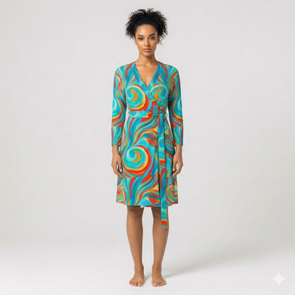 Wrap Dress Cyan Swirls – Traditional Jersey Wrap Dress