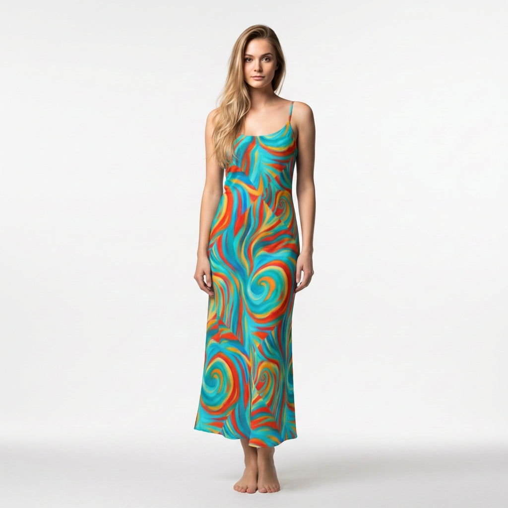 Bias Slip Dress Cyan Swirls