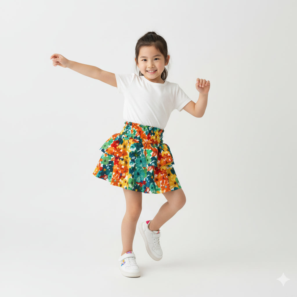 Kid's Smocked Ruffle Skirt in Fleur de Esti