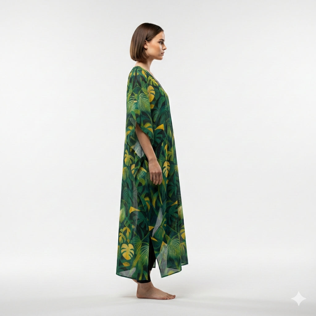 Caftan Green Leaves – Lightweight Organic Cotton Voile
