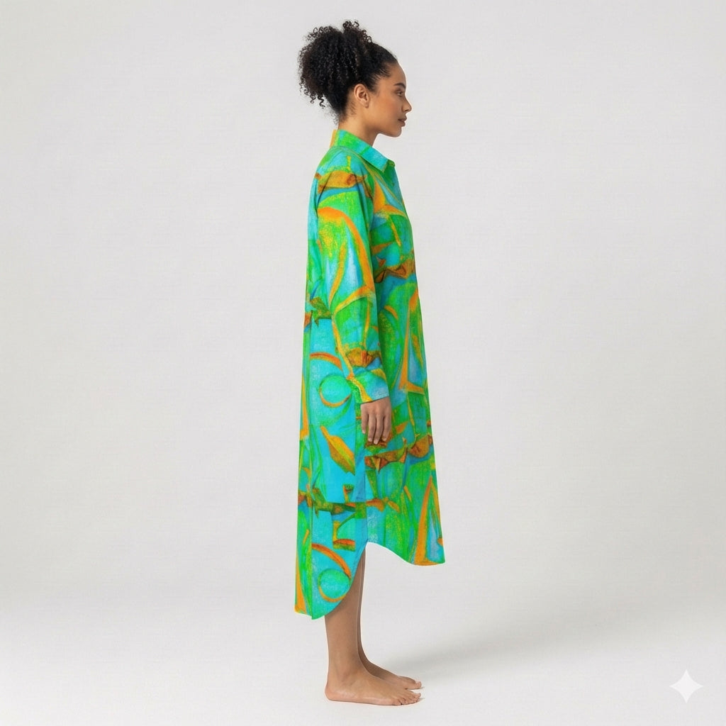 Long Sleeve Shirt Dress Palm Tree Island
