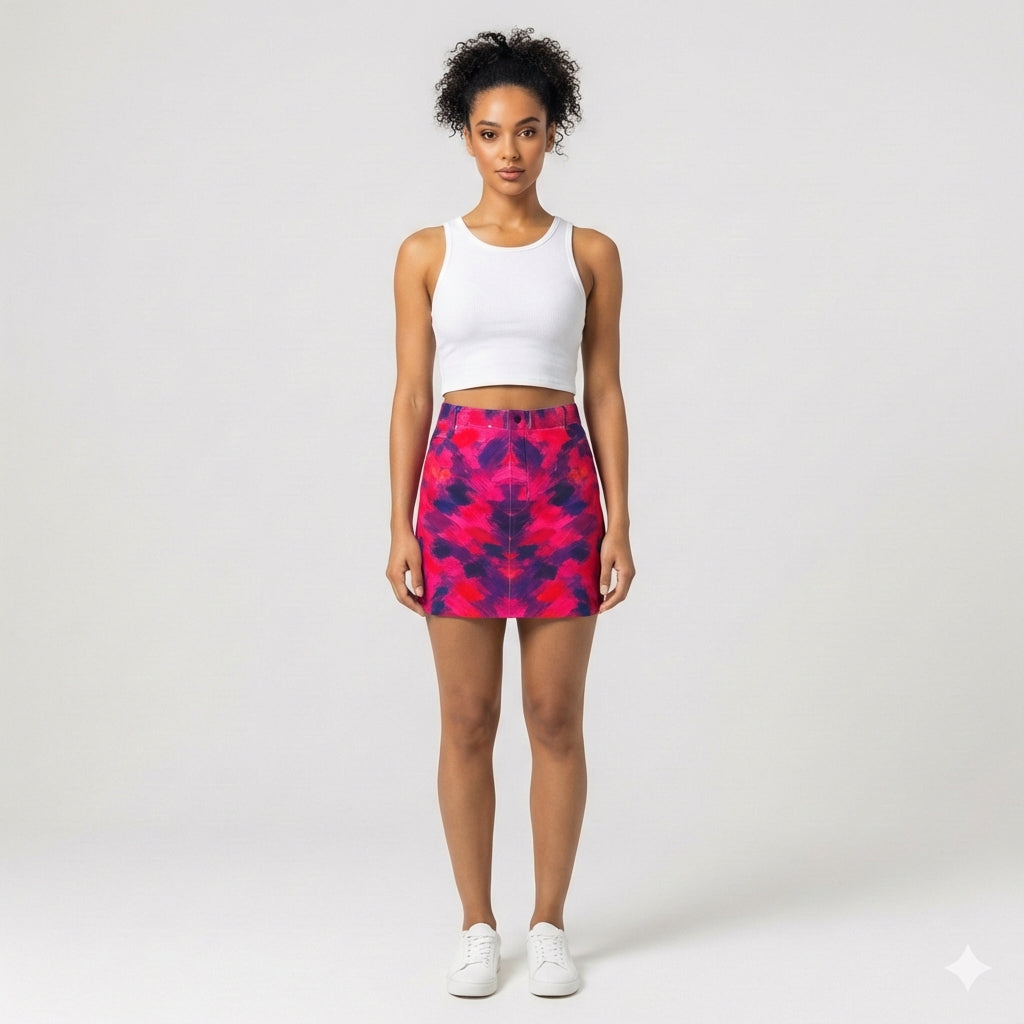 Cropped Denim Mini Skirt Pink Paint