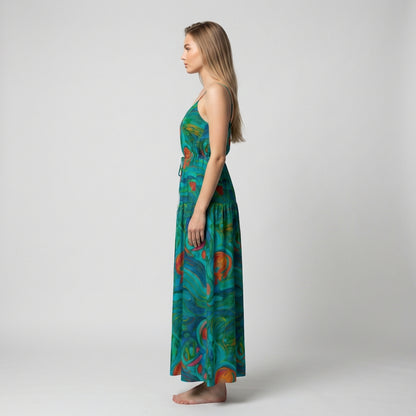 Maxi Dress with Waist Tie Floral Swamp