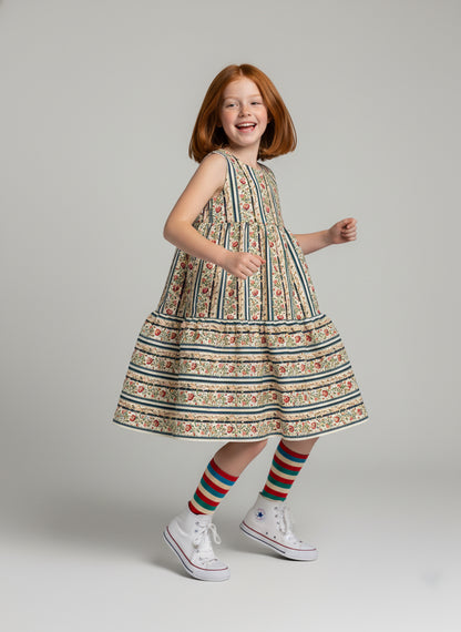 Girl Floral Stripe Corduroy Dress