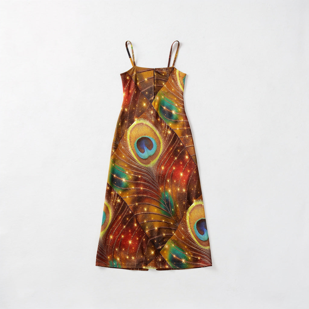 Bias Slip Dress Golden Peacock Feather