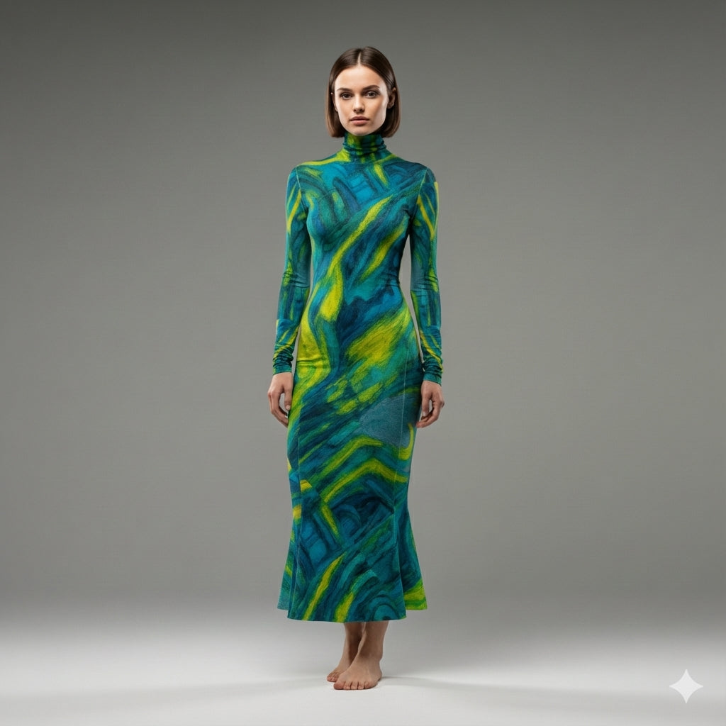 Sarong Maxi Turtleneck Body Con Dress Blue Jungle