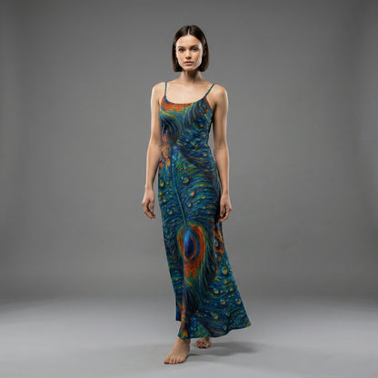 Bias Slip Dress Orange Peacock Feather