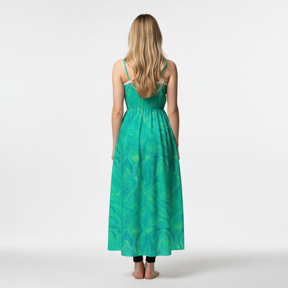 Maxi Dress with Waist Tie in Lightweight Cotton Poplin Teal Noodles