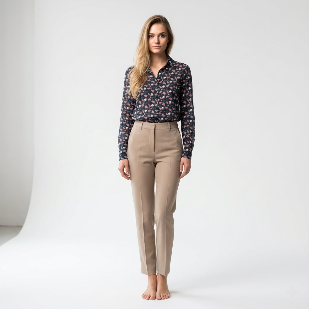 Feminine Floral Button Down Shirt with Handpainted Roses on Navy background