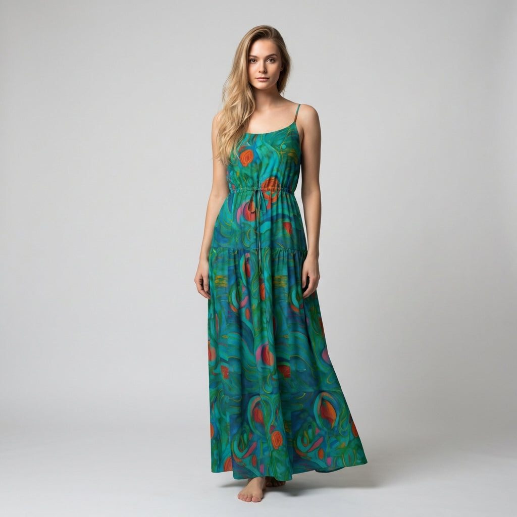 Maxi Dress with Waist Tie Floral Swamp