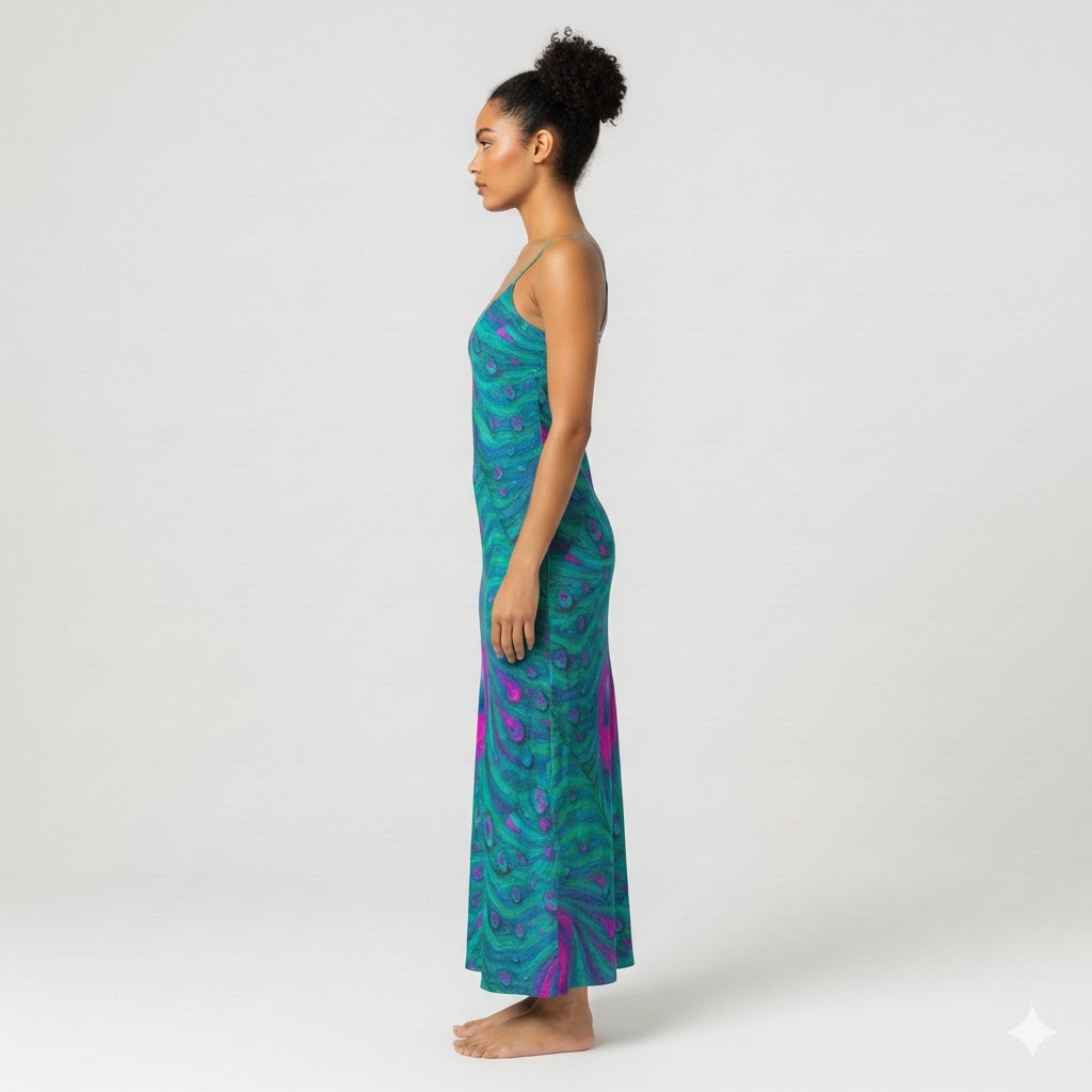 Bias Slip Dress Teal Peacock Feather