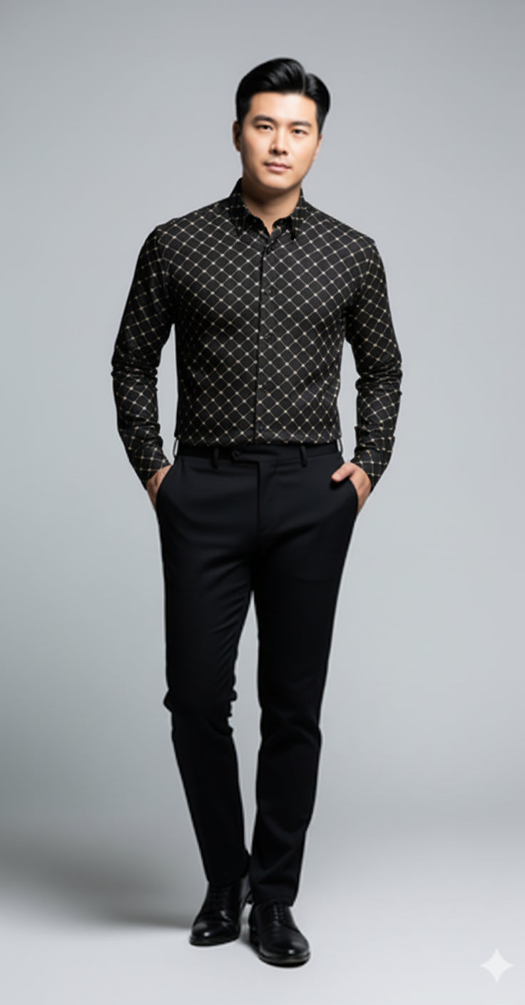 Crown and Lines Silver on Black Structured Linen Dress Shirt with Franklin Spread Collar