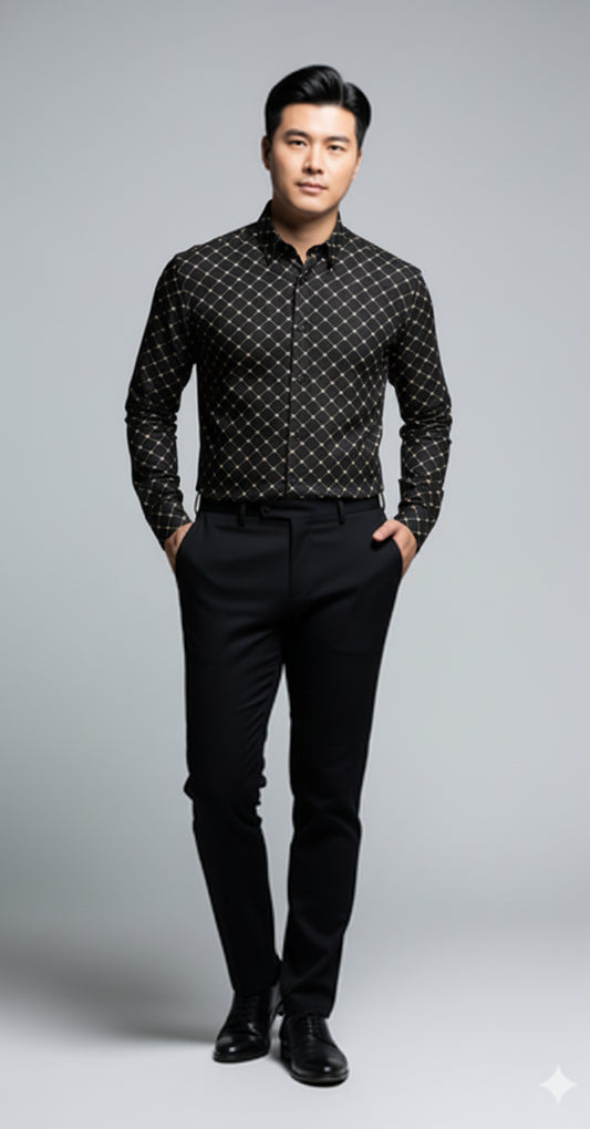 Crown and Lines Silver on Black Structured Linen Dress Shirt with Franklin Spread Collar