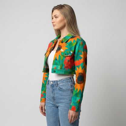 Cropped Jean Cotton Jacket Sunflowers