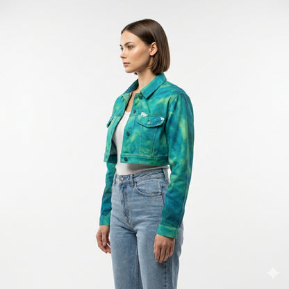 Cropped Jean Cotton Jacket Turquoise Watercolors