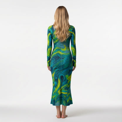 Sarong Maxi Turtleneck Body Con Dress Blue Jungle