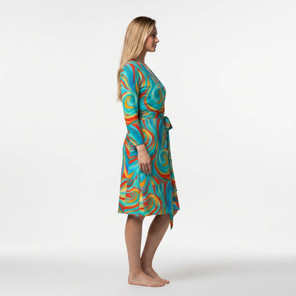 Wrap Dress Cyan Swirls – Traditional Jersey Wrap Dress