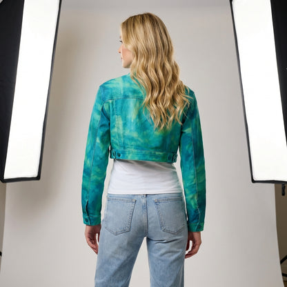 Cropped Jean Cotton Jacket Turquoise Watercolors