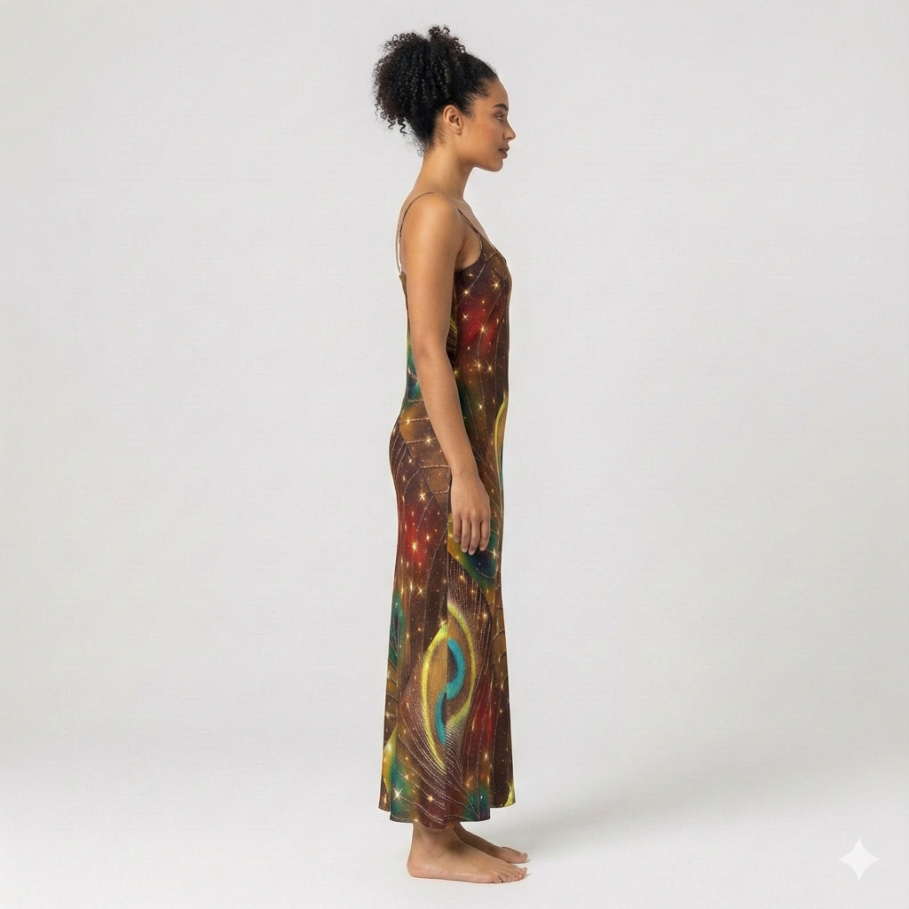 Bias Slip Dress Golden Peacock Feather