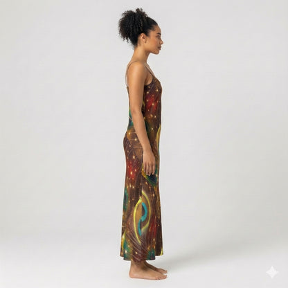 Bias Slip Dress Golden Peacock Feather