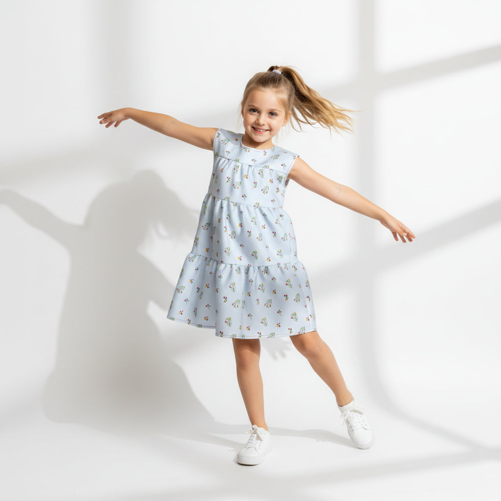 Kid's Ruffle Dress Without Lining in Sky Blue Primrose