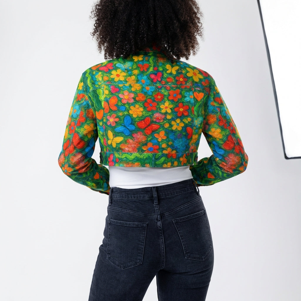 Cropped Jean Cotton Jacket Butterfly Flowers