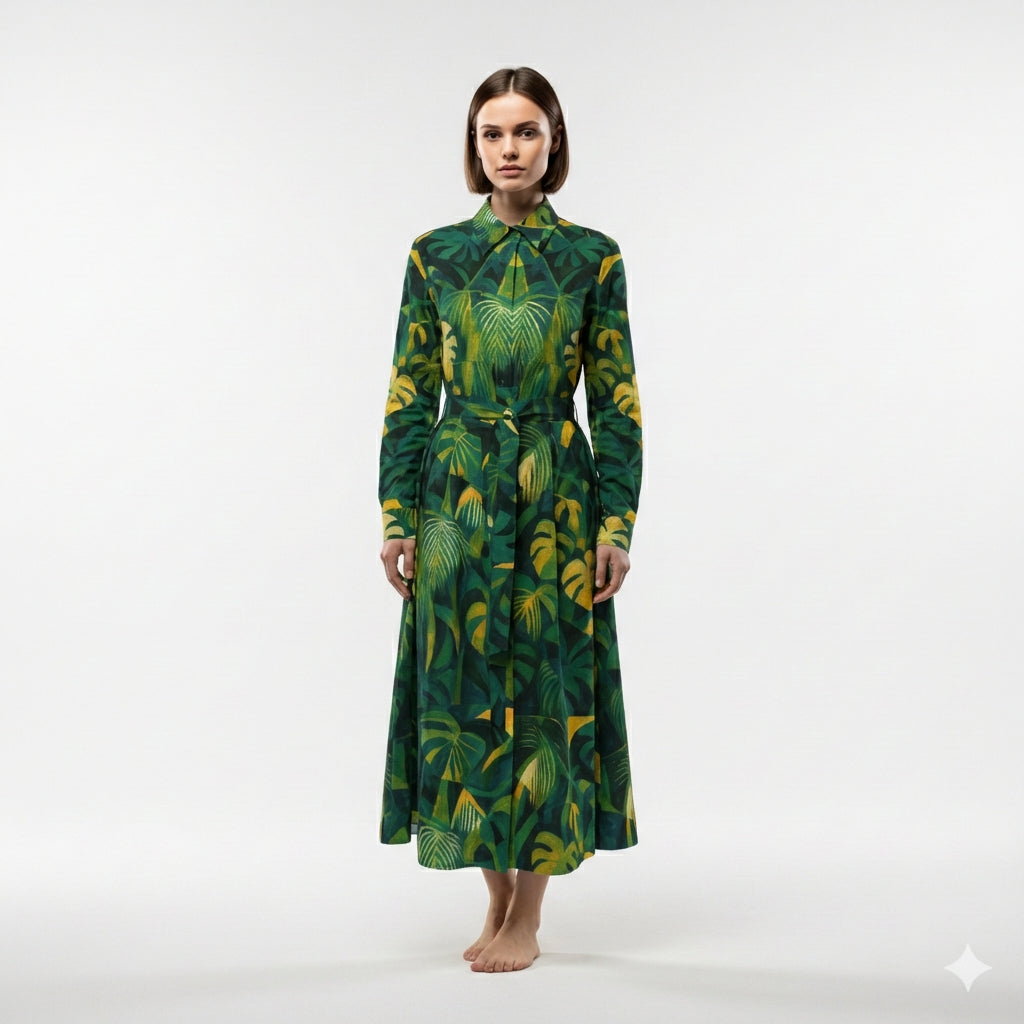 Button Front Shirt Dress Green Leaves