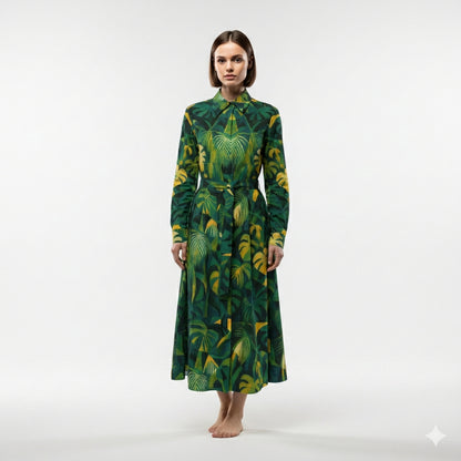 Button Front Shirt Dress Green Leaves