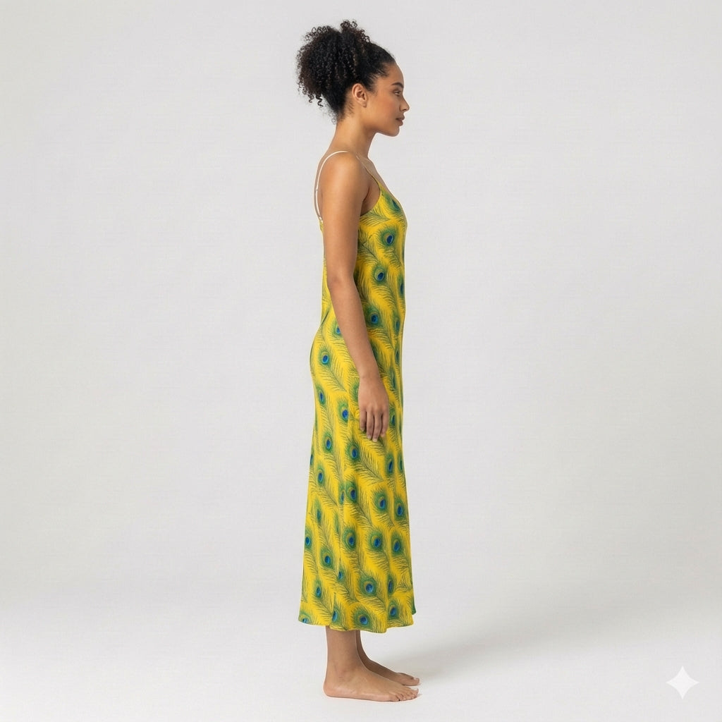 Bias Slip Dress Yellow Peacock Feathers