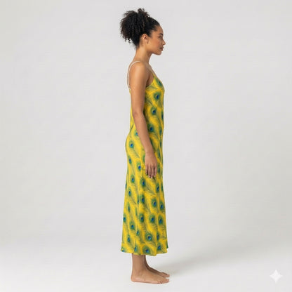 Bias Slip Dress Yellow Peacock Feathers