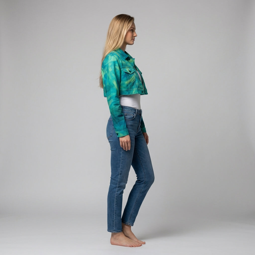 Cropped Jean Cotton Jacket Turquoise Watercolors