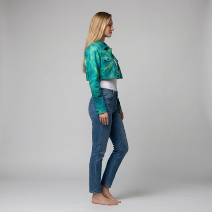 Cropped Jean Cotton Jacket Turquoise Watercolors