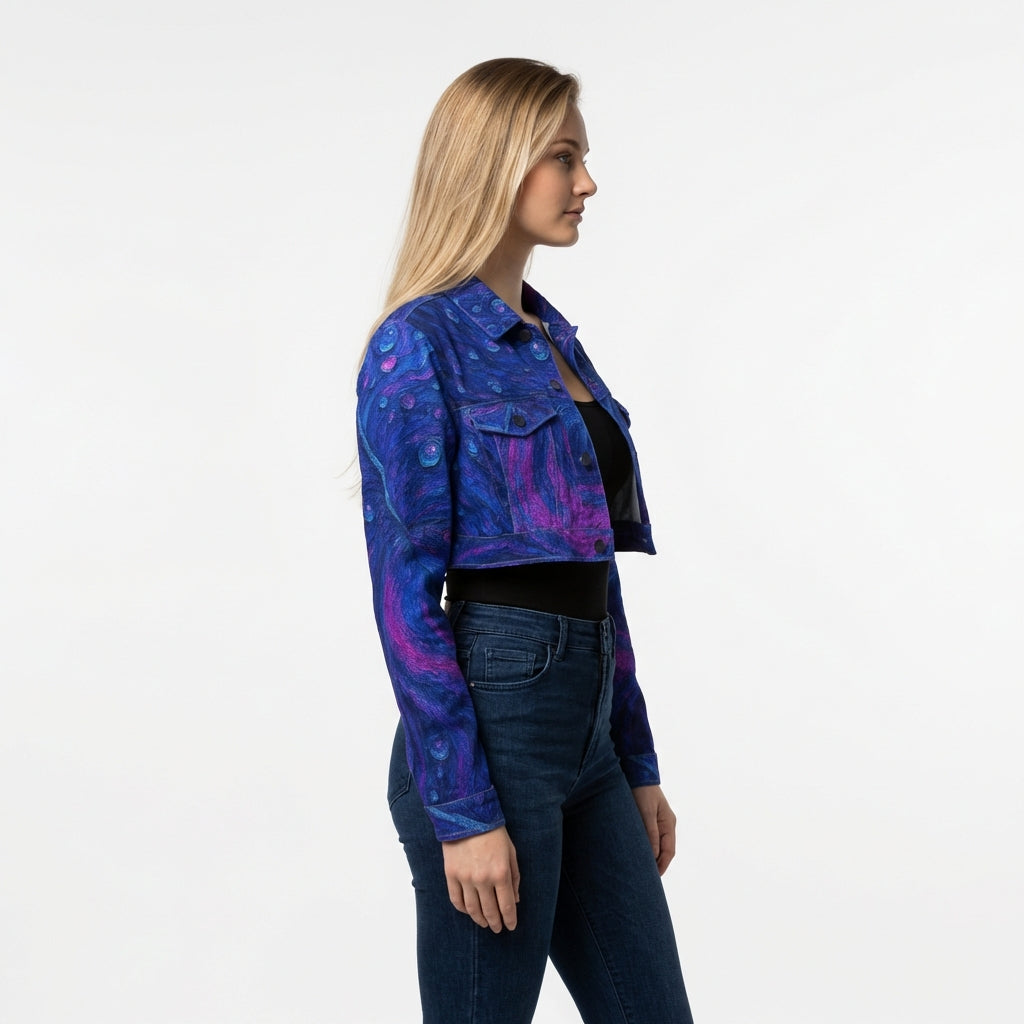 Cropped Jean Cotton Jacket Blue Peacock Feather