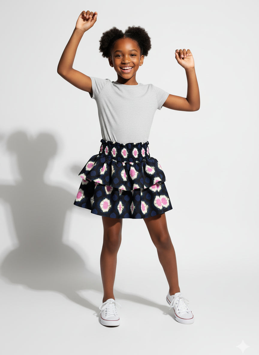 Kid's Smocked Ruffle Skirt in Ink Tie Dye