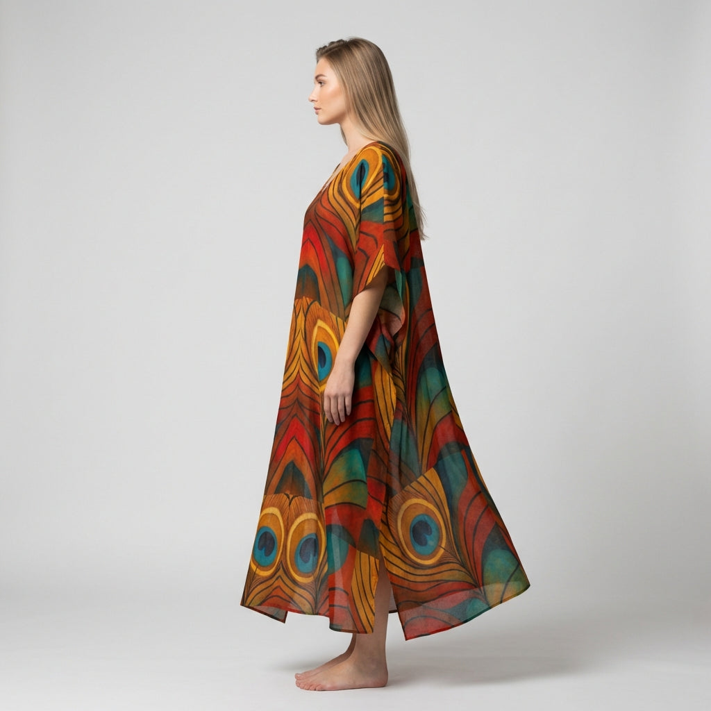 Caftan Yellow Peacock Feather in Lightweight Organic Cotton Voile