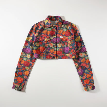 Cropped Jean Cotton Jacket Red Flower Bed