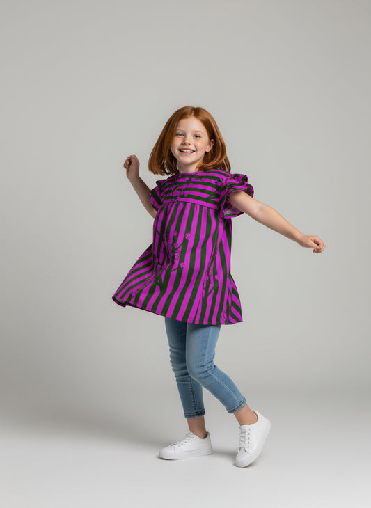 Purple & Green Florals Ruffles Sleeve Top