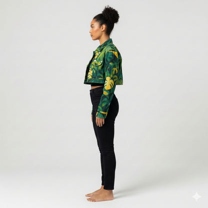 Cropped Jean Cotton Jacket Green Leaves