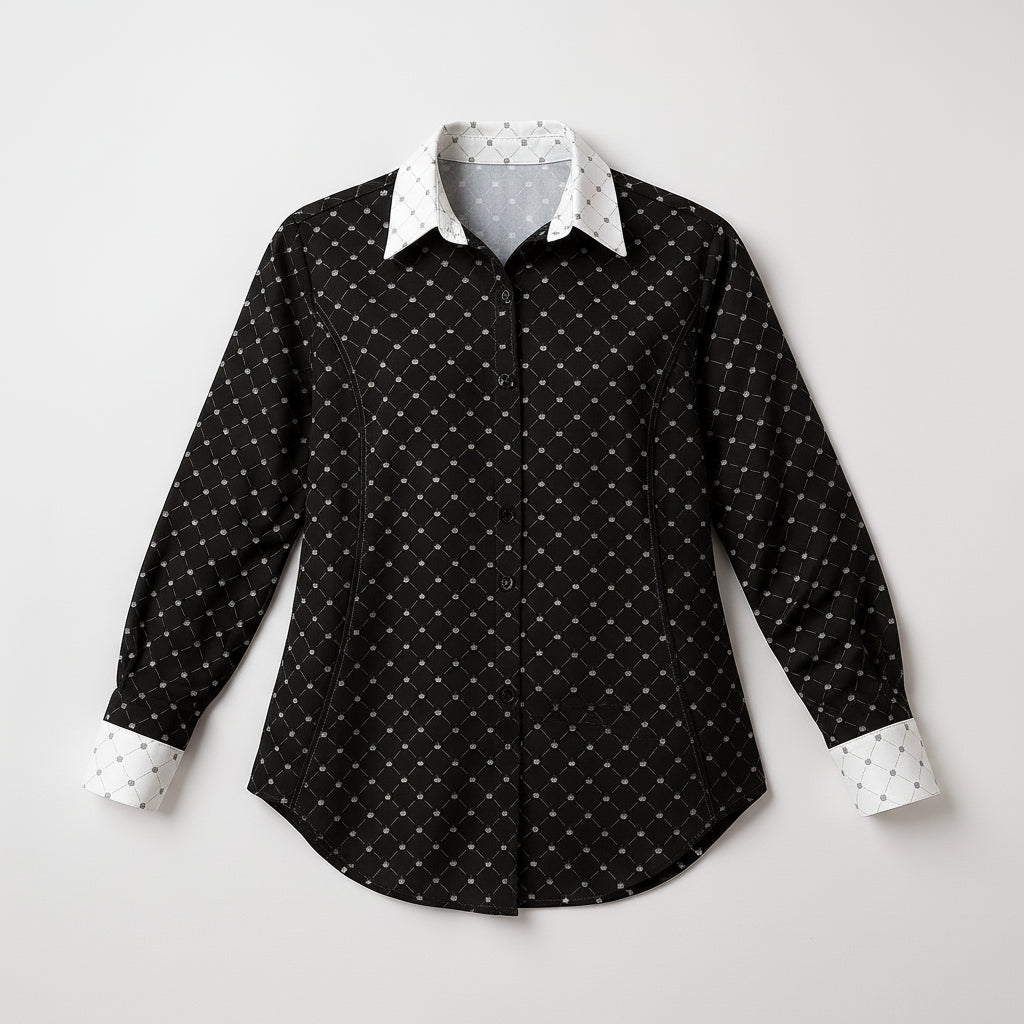 Crown and Lines Silver on Black Button Front Shirt