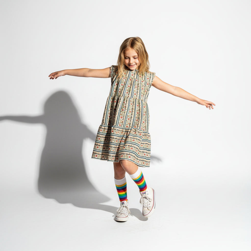 Girl Floral Stripe Corduroy Dress