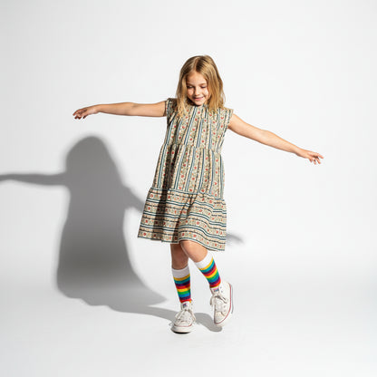Girl Floral Stripe Corduroy Dress