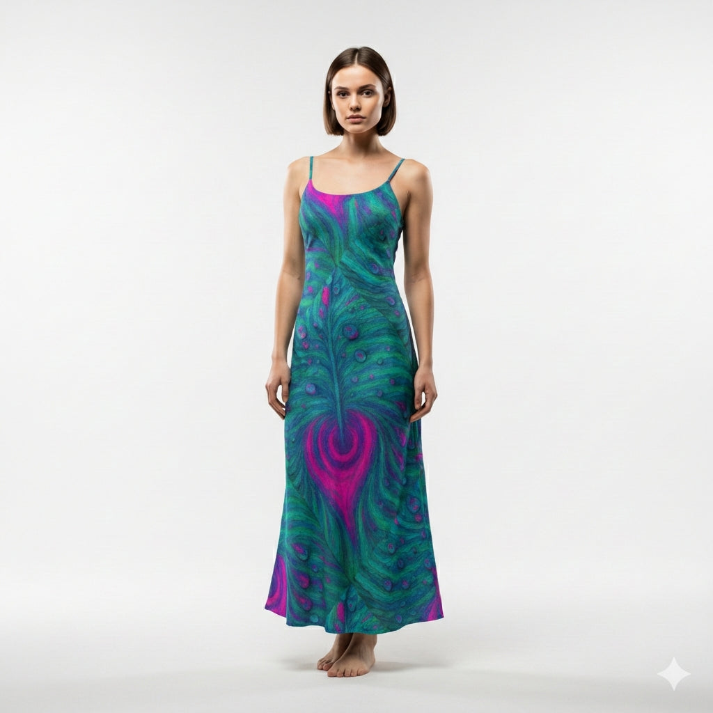 Bias Slip Dress Teal Peacock Feather