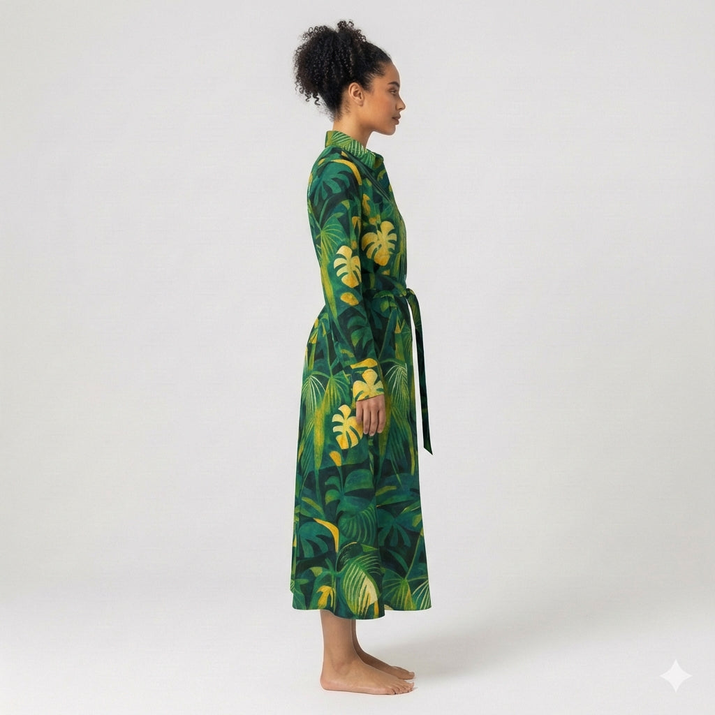 Button Front Shirt Dress Green Leaves
