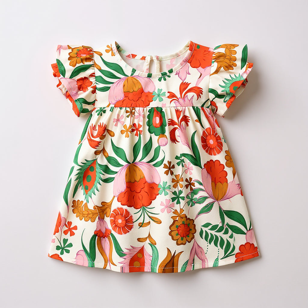 Kid's Ruffled Sleeve Top in Ecru Dutch Blossoms