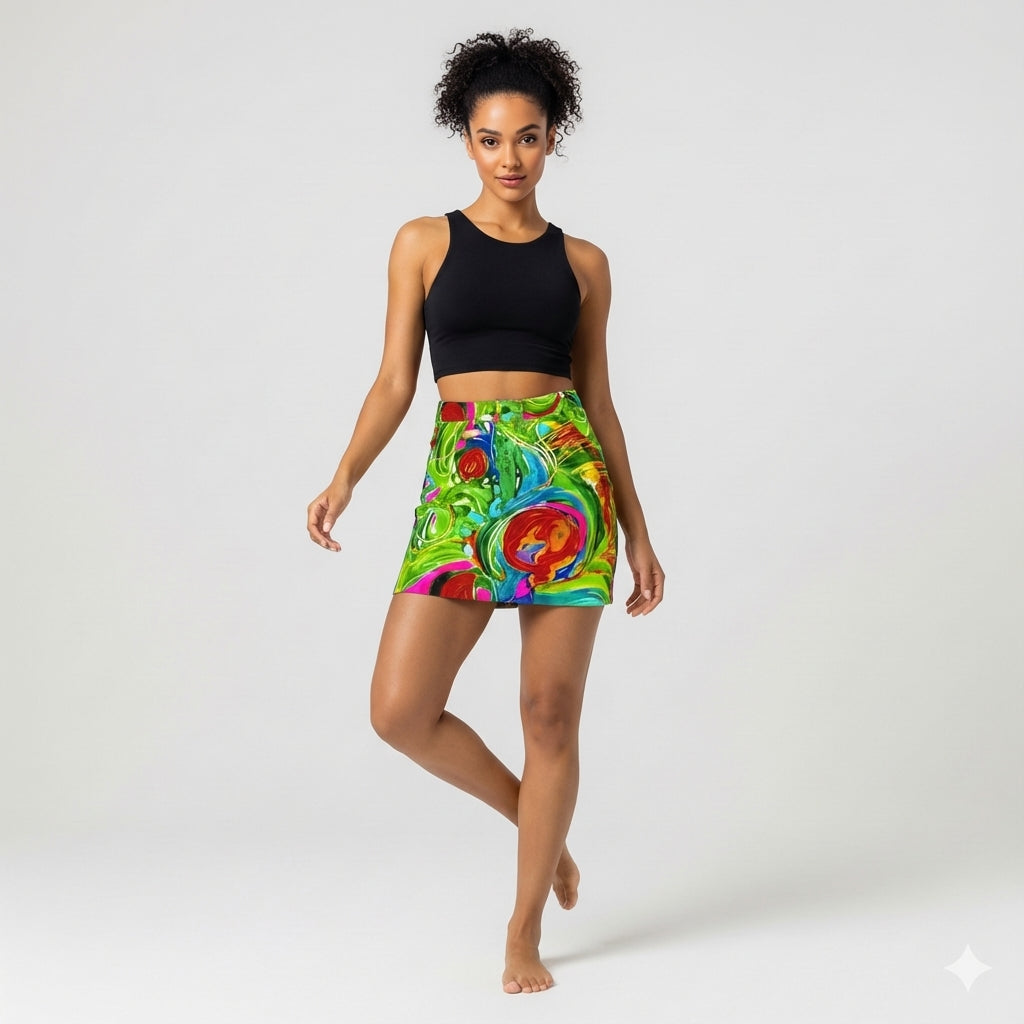 Denim Mini Skirt in Abstract Watercolor Print