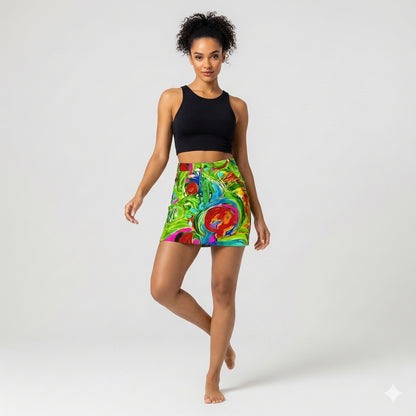 Denim Mini Skirt in Abstract Watercolor Print