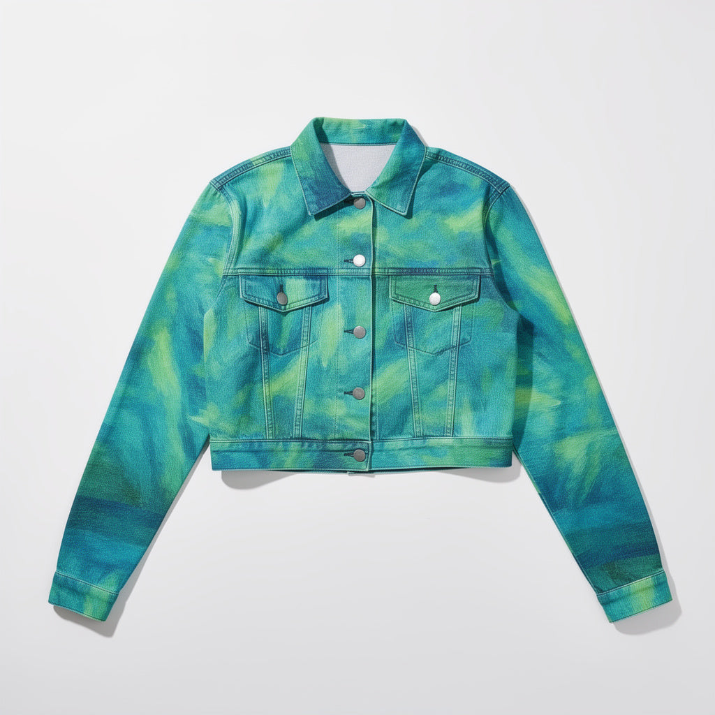 Cropped Jean Cotton Jacket Turquoise Watercolors