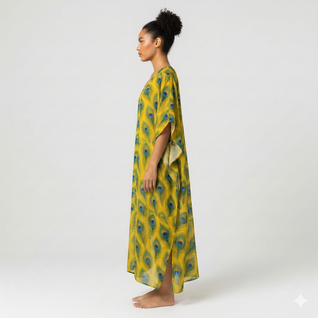 Caftan Yellow Flowers in Organic Cotton Voile