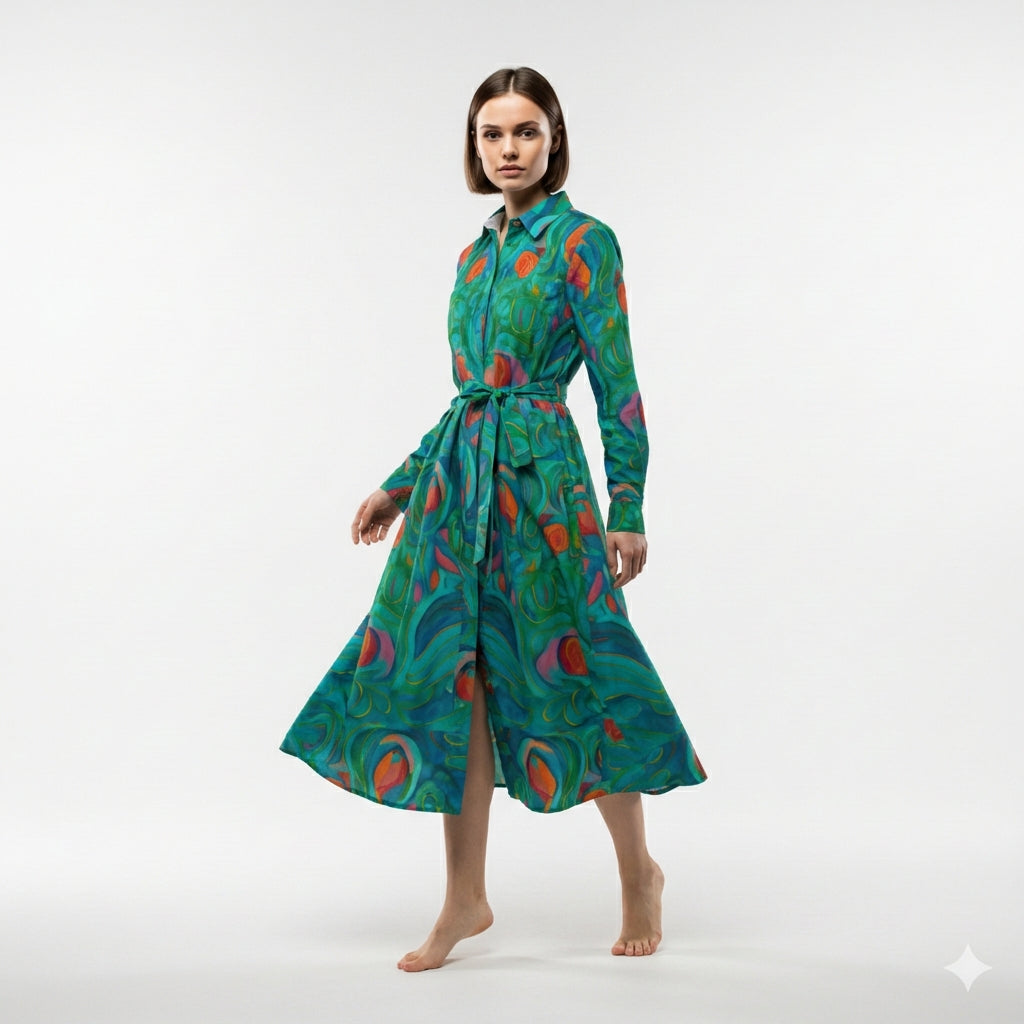 Button Front Shirt Dress Floral Swamp in Lightweight Cotton Poplin